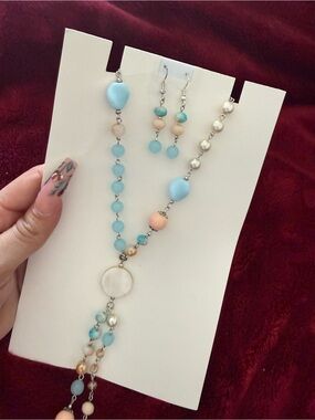 Handcrafted Blue & Peach Beaded Necklace with Matching Earrings - Women Jewelry
